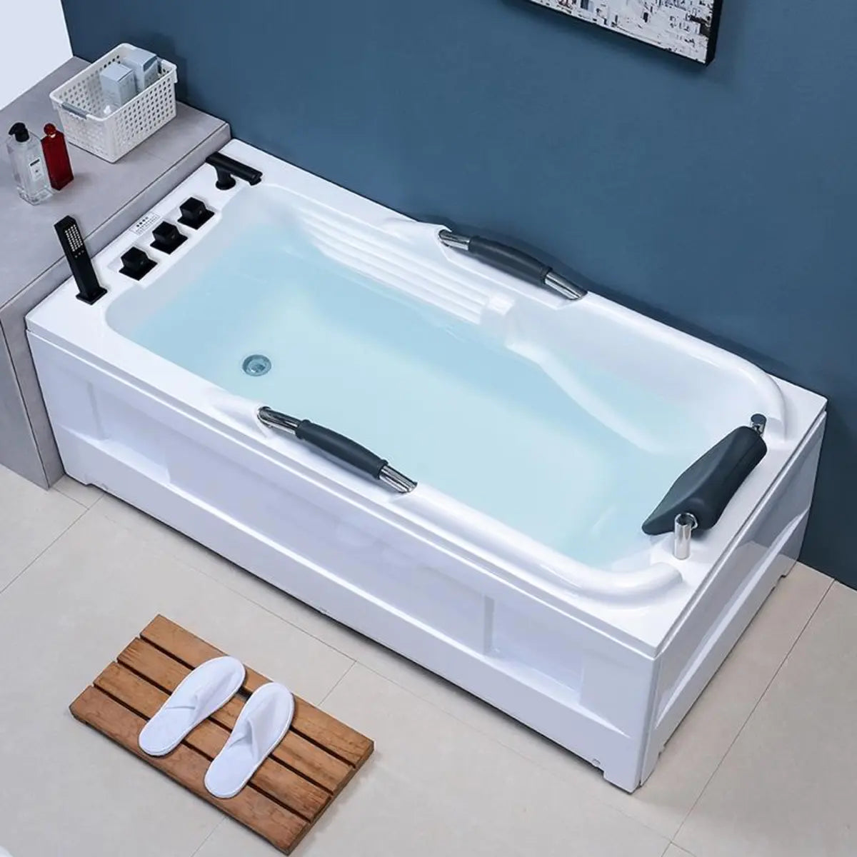 Freestanding Rectangle White Acrylic Bathtub with Handles Image - 2