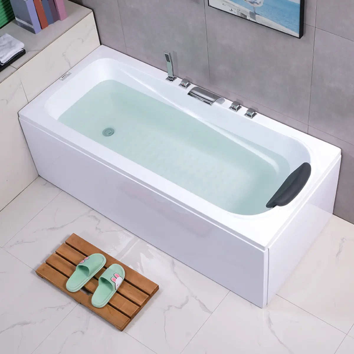 Freestanding Rectangular White Soaking Bathtub Image - 3