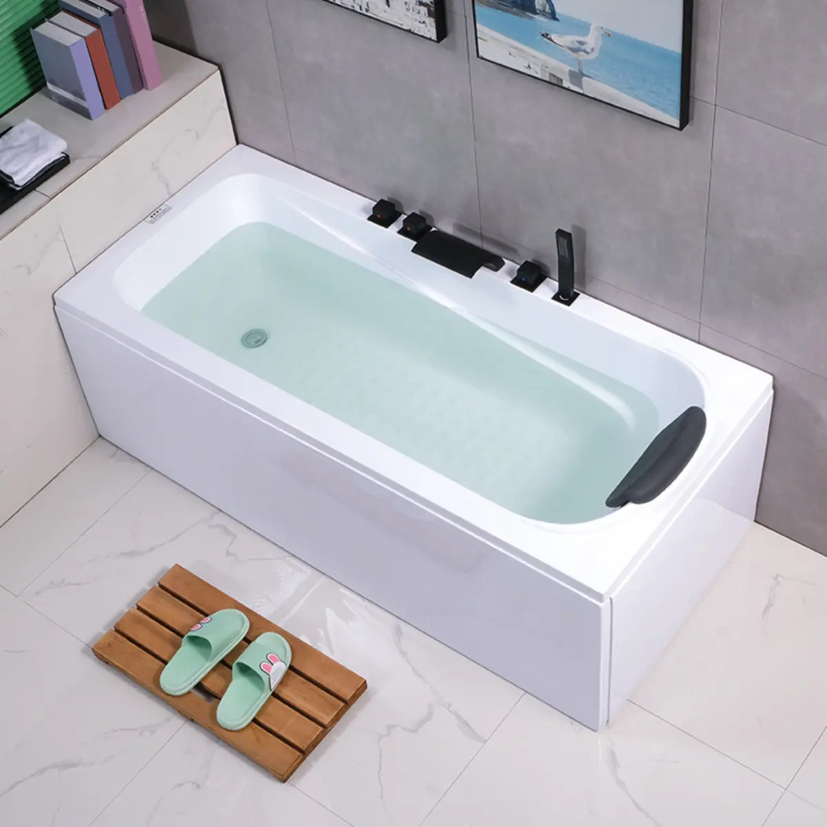 Freestanding Rectangular White Soaking Bathtub Image - 5