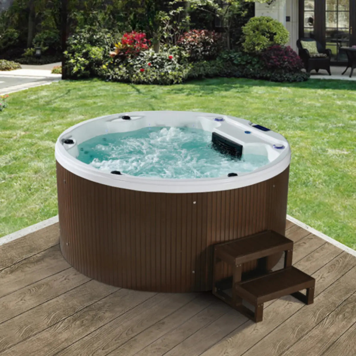 Freestanding Round Brown Wooden Heated Bathtub with Jets Image - 1