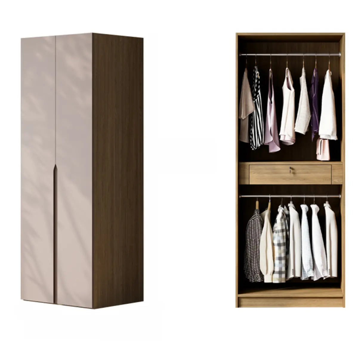 Freestanding Timber Brown Large Wardrobe with Shelves Image - 2