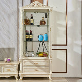 Freestanding White Wooden Glass Carved Wine Cabinet Image - 1