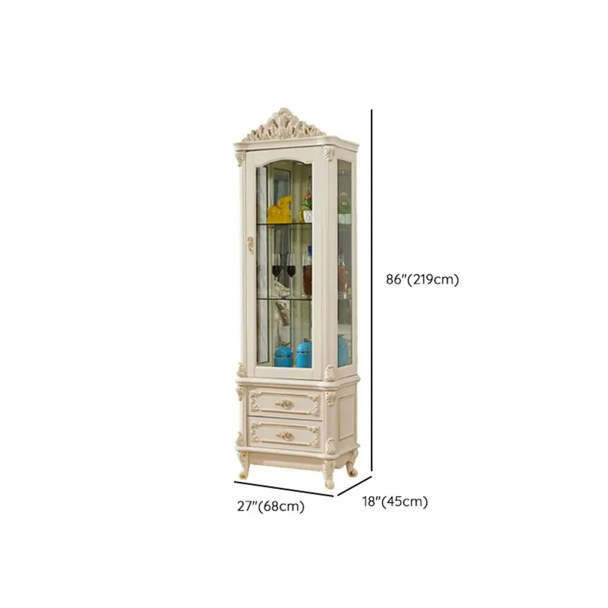 Freestanding White Wooden Glass Carved Wine Cabinet 