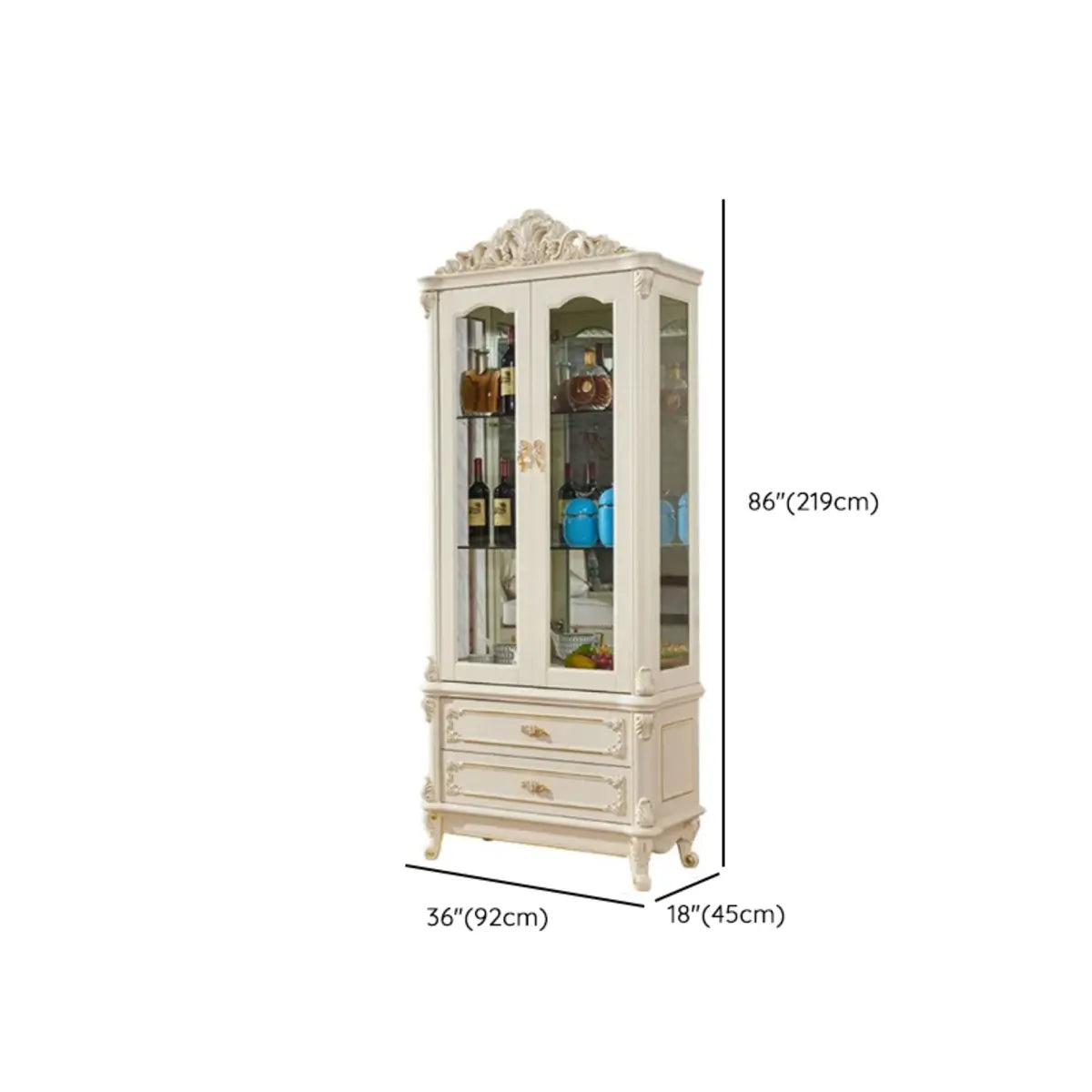 Freestanding White Wooden Glass Carved Wine Cabinet Image - 15