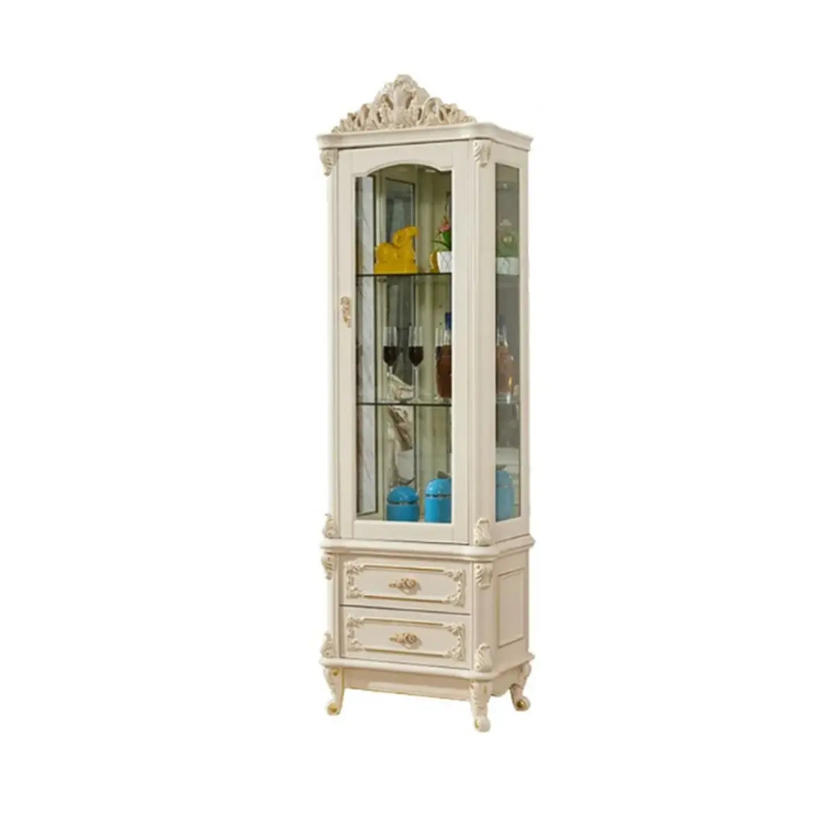 Freestanding White Wooden Glass Carved Wine Cabinet Image - 2