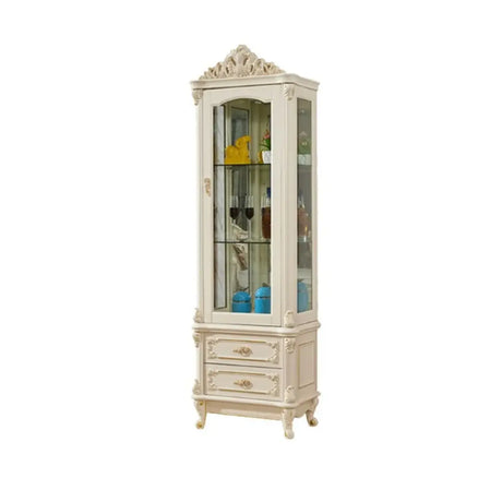 Freestanding White Wooden Glass Carved Wine Cabinet Image - 2