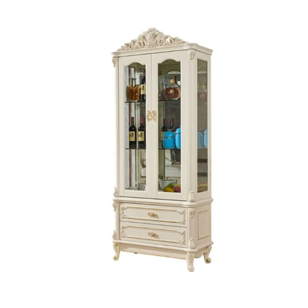 Freestanding White Wooden Glass Carved Wine Cabinet Image - 3