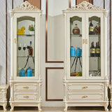 Freestanding White Wooden Glass Carved Wine Cabinet Image - 5