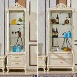 Freestanding White Wooden Glass Carved Wine Cabinet Image - 6