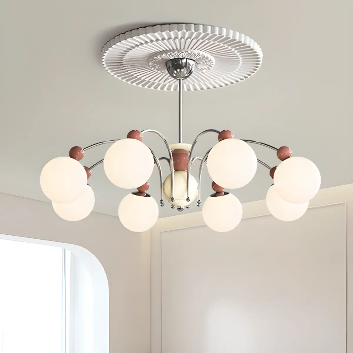 French Cream Globe Ceiling Residential 8-Bulb Chandelier Image - 1