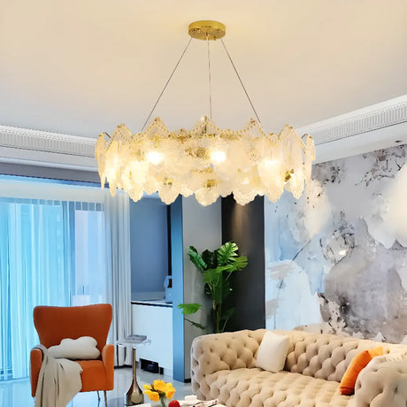 French Luxury Leaf Gold Glass Pendant Living Room Chandelier Image - 1