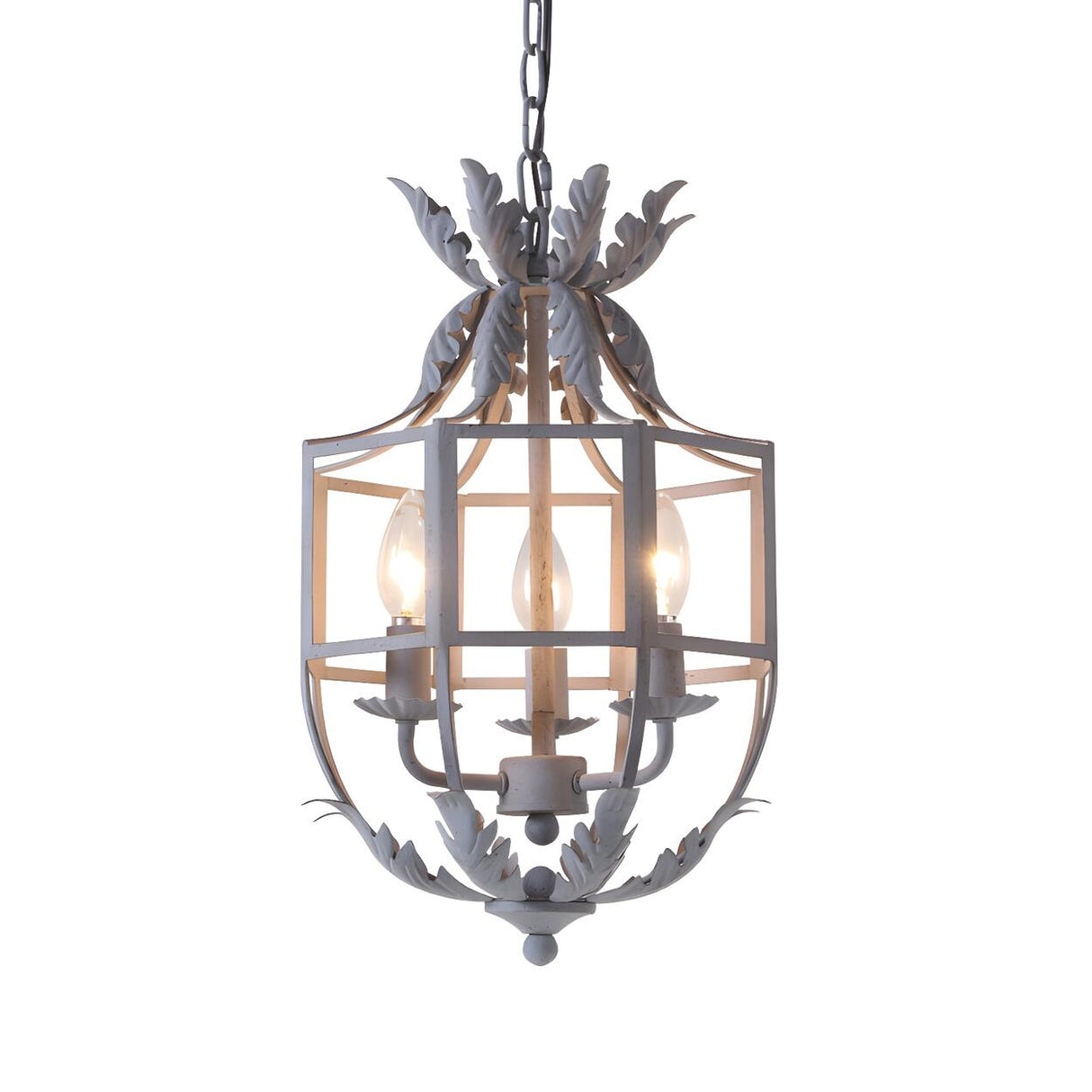 French Rustic Grey Bird Cage Leaf Lantern Chandelier Image - 3