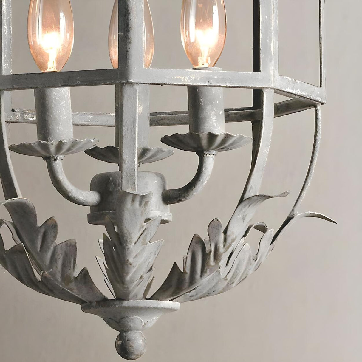 French Rustic Grey Bird Cage Leaf Lantern Chandelier Image - 4