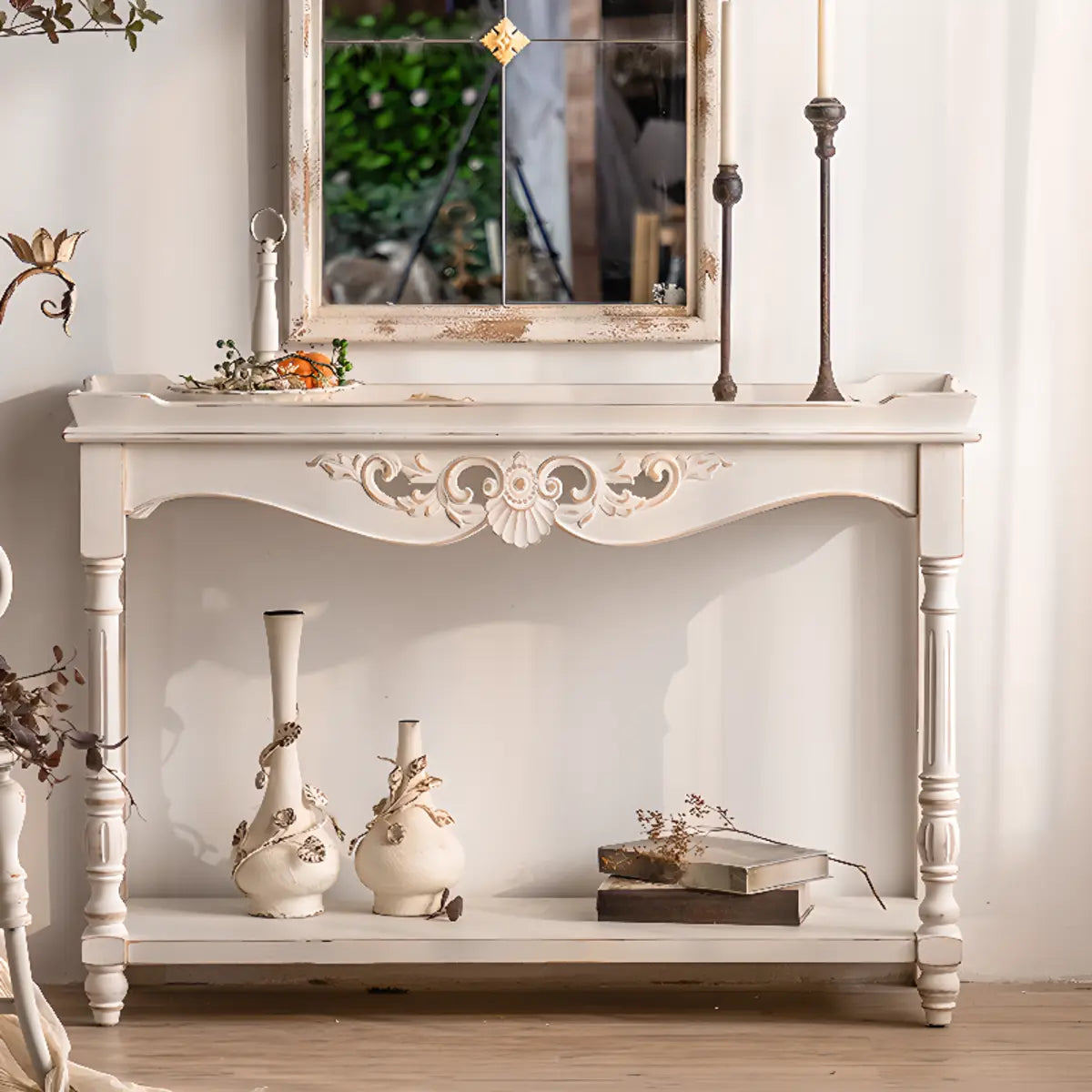 French-style Rectangular Wood Console Table with Floor Shelf Image - 1