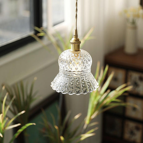 French Vintage Clear Glass Bell Vase Pendant Light Image - 1