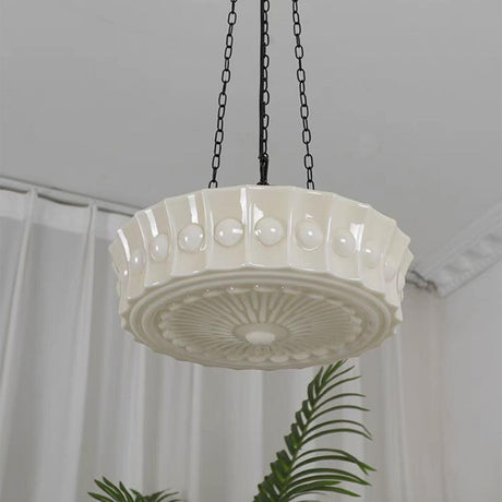 French Vintage White Glass Ceramic Cylinder Chandelier Image - 1