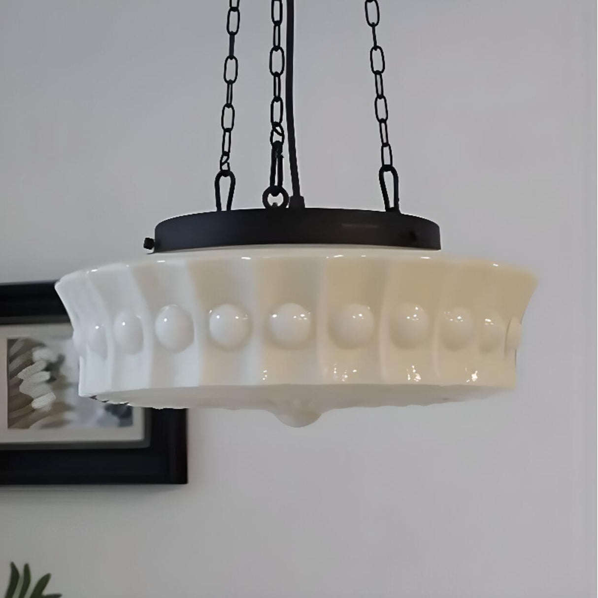 French Vintage White Glass Ceramic Cylinder Chandelier Image - 6