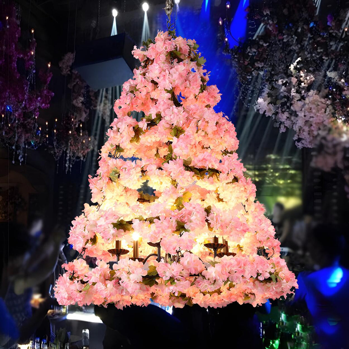 Fresh Pink Floral Christmas Tree Metal LED Chandelier Image - 2