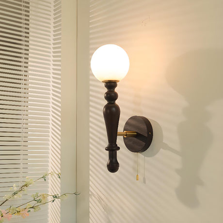 Frosted Glass Globe Wood Wall Sconce with Pull Chain Image - 1