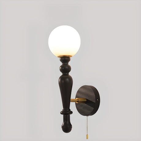 Frosted Glass Globe Wood Wall Sconce with Pull Chain Image - 2