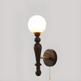 Frosted Glass Globe Wood Wall Sconce with Pull Chain Image - 3