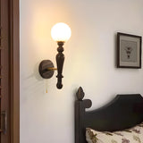 Frosted Glass Globe Wood Wall Sconce with Pull Chain Image - 6