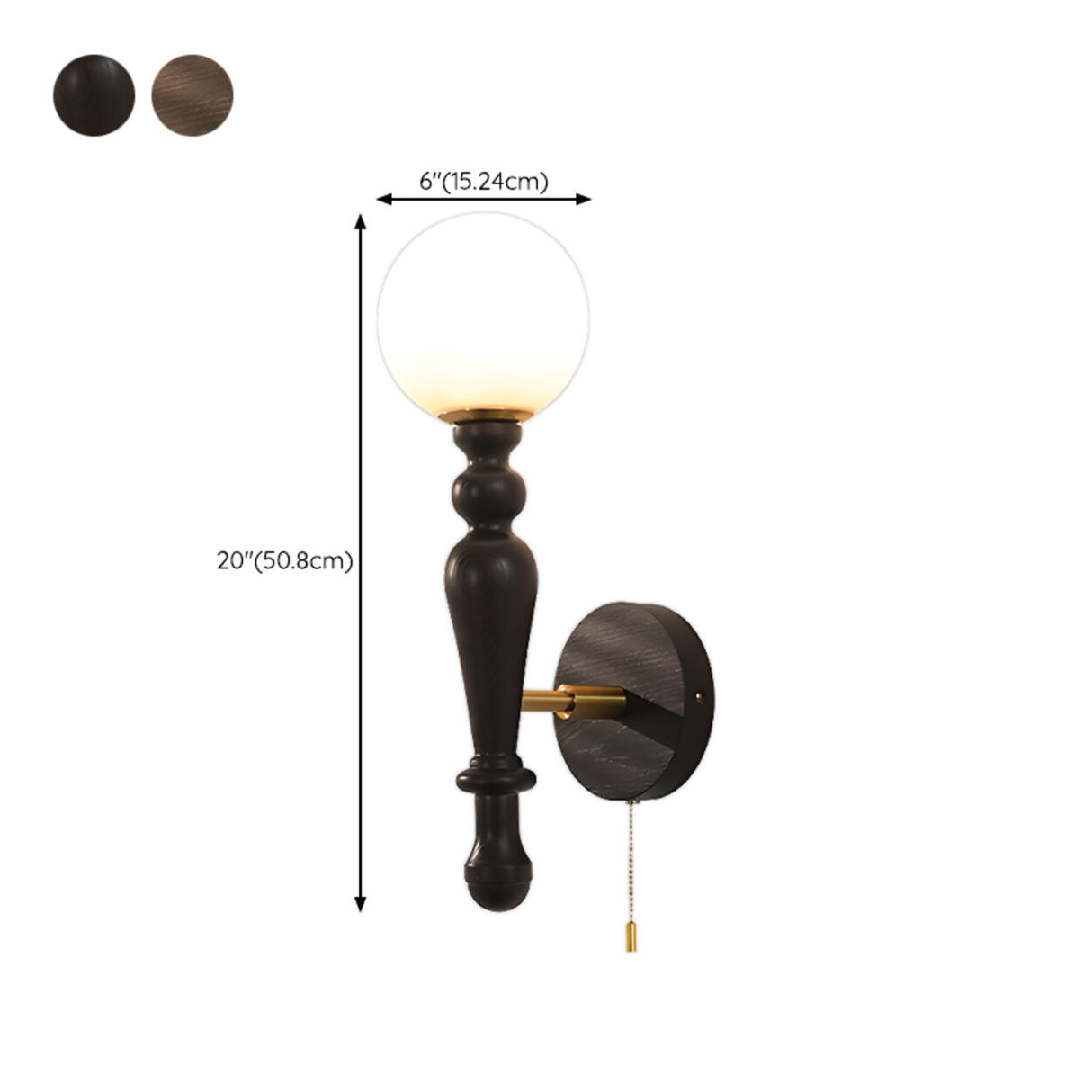 Frosted Glass Globe Wood Wall Sconce with Pull Chain 