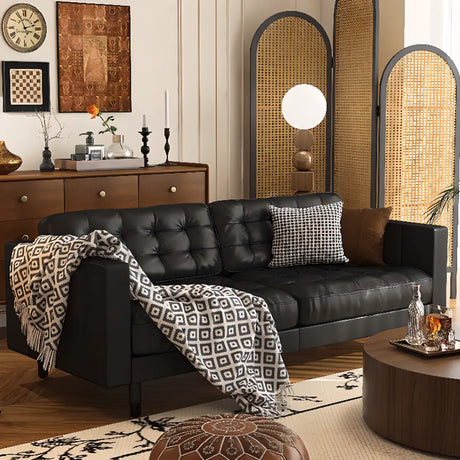 Full Grain Cow Leather Square Arm Tufted Back Sofa Image - 1