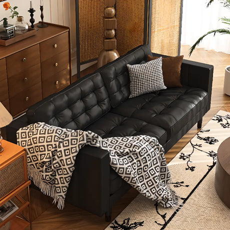 Full Grain Cow Leather Square Arm Tufted Back Sofa Image - 2