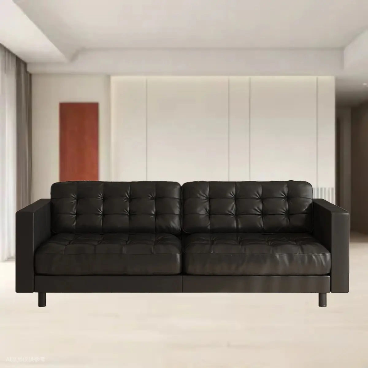 Full Grain Cow Leather Square Arm Tufted Back Sofa Image - 6