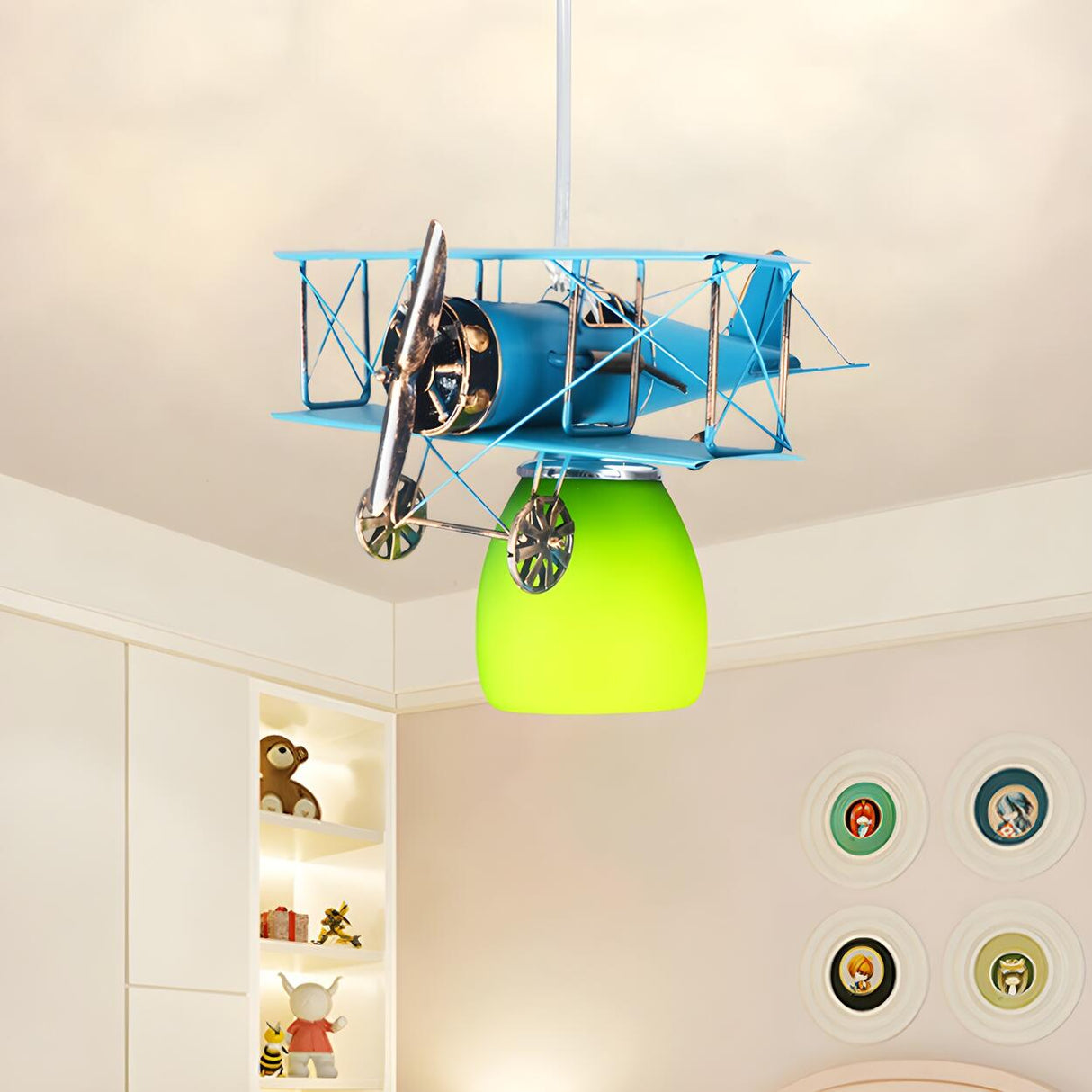 Fun Kids Room Airplane Metal Blue Dome Glass Pendant Light Image - 1