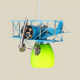 Fun Kids Room Airplane Metal Blue Dome Glass Pendant Light Image - 3