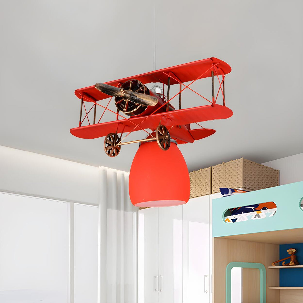 Fun Kids Room Airplane Metal Blue Dome Glass Pendant Light Image - 5