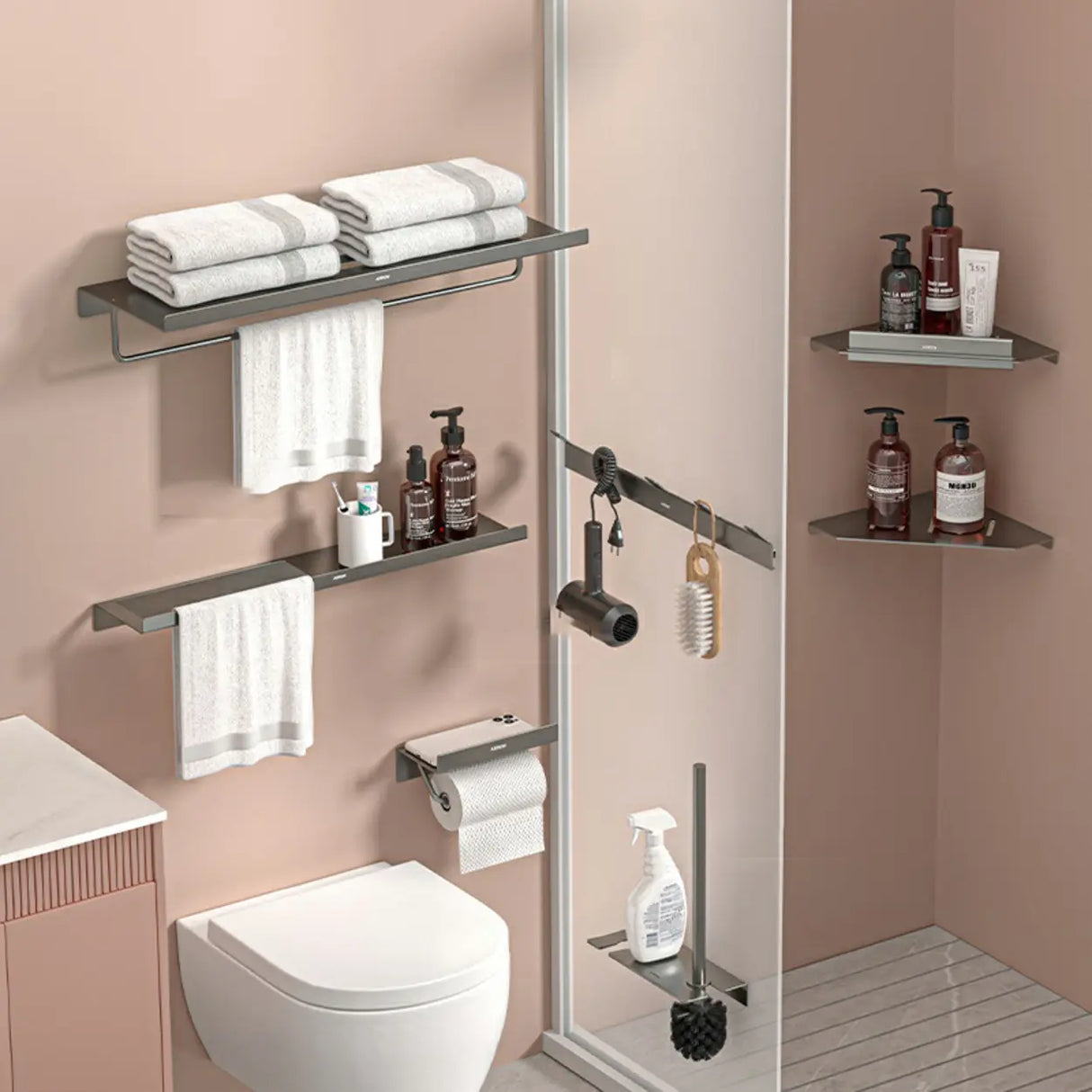 Functional Metal Gray Storage Bathroom Hardware Set Image - 30