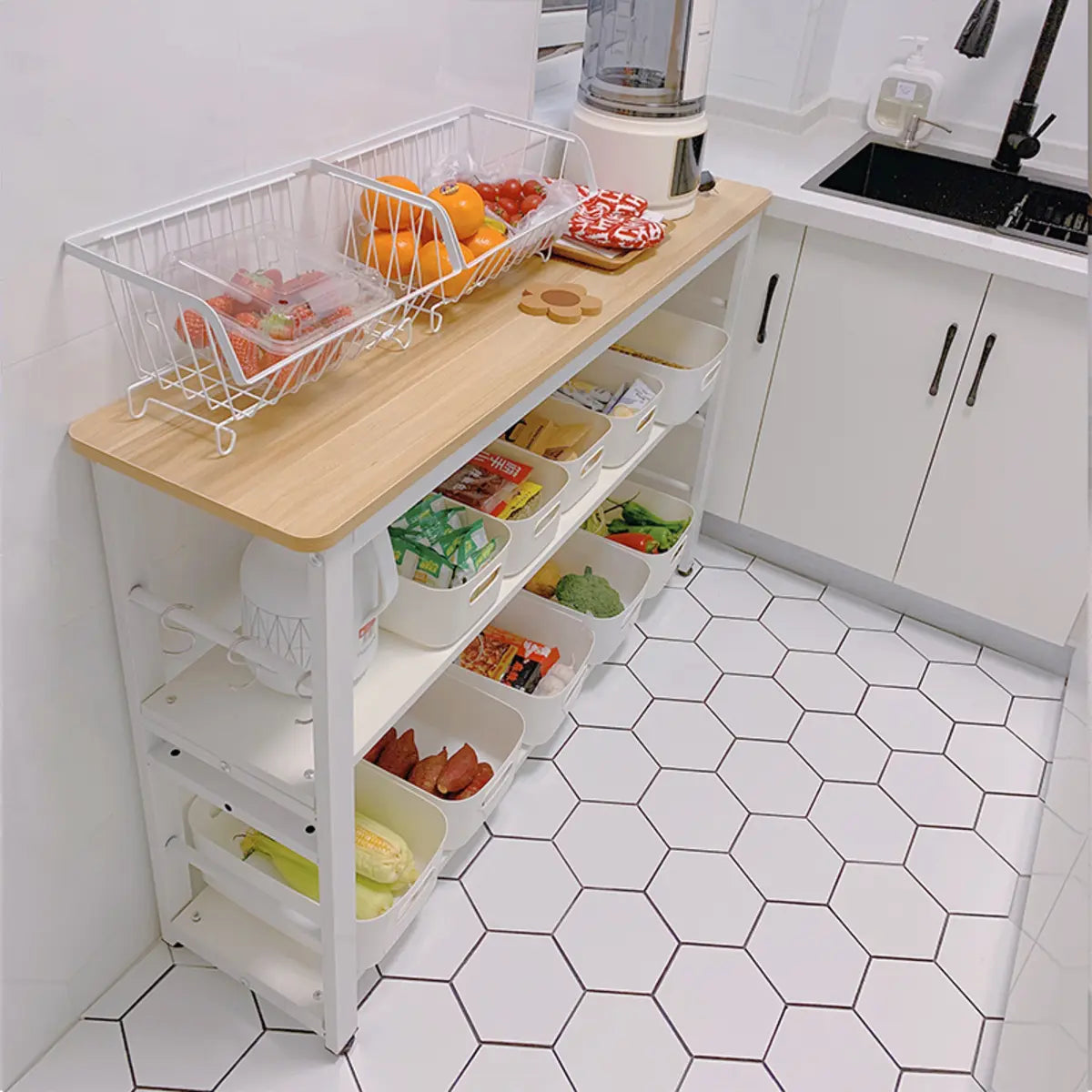 Functional Rectangle Wood White Kitchen Cart with Shelves Image - 1