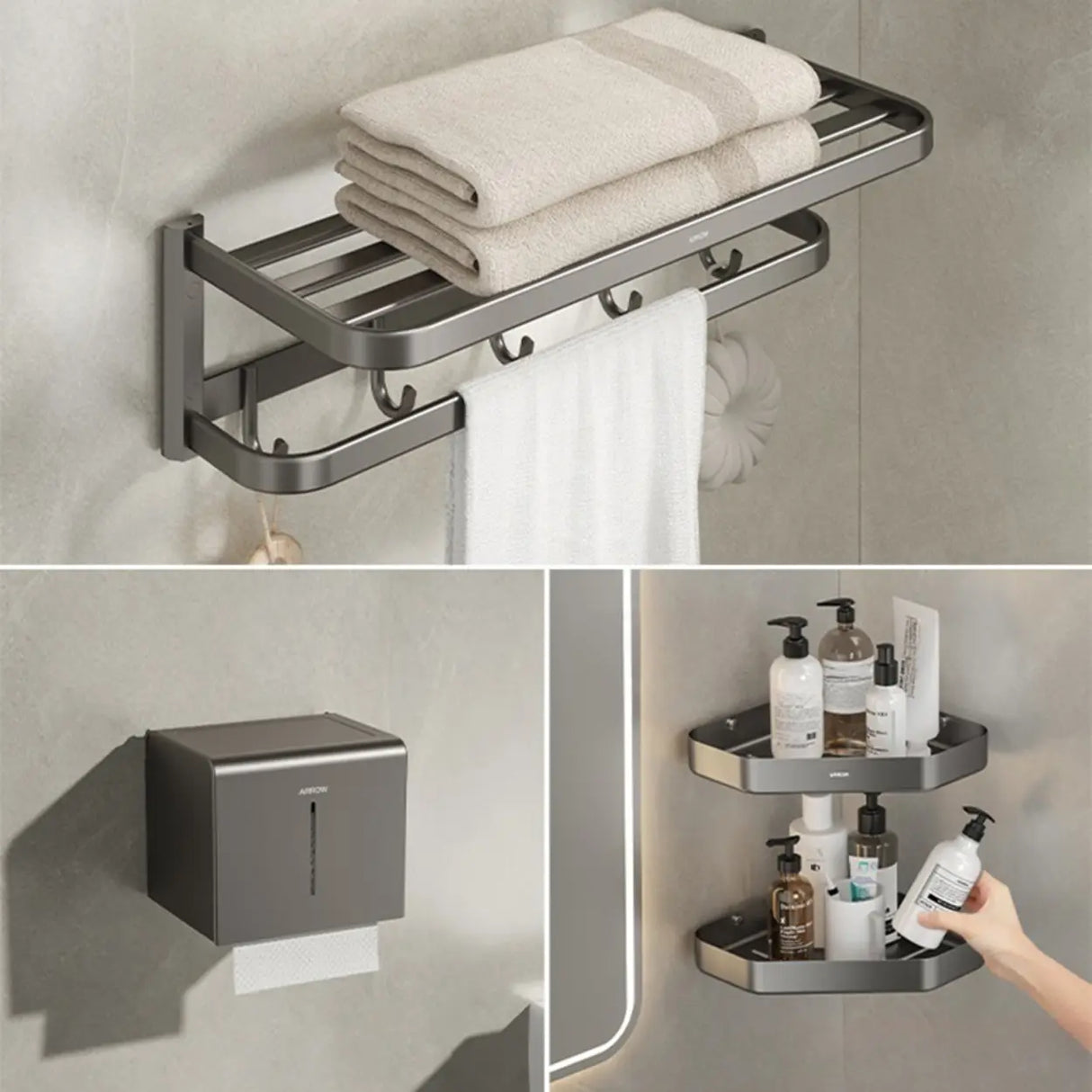 Functional Sleek Metal Gray Storage Bathroom Hardware Set Image - 17