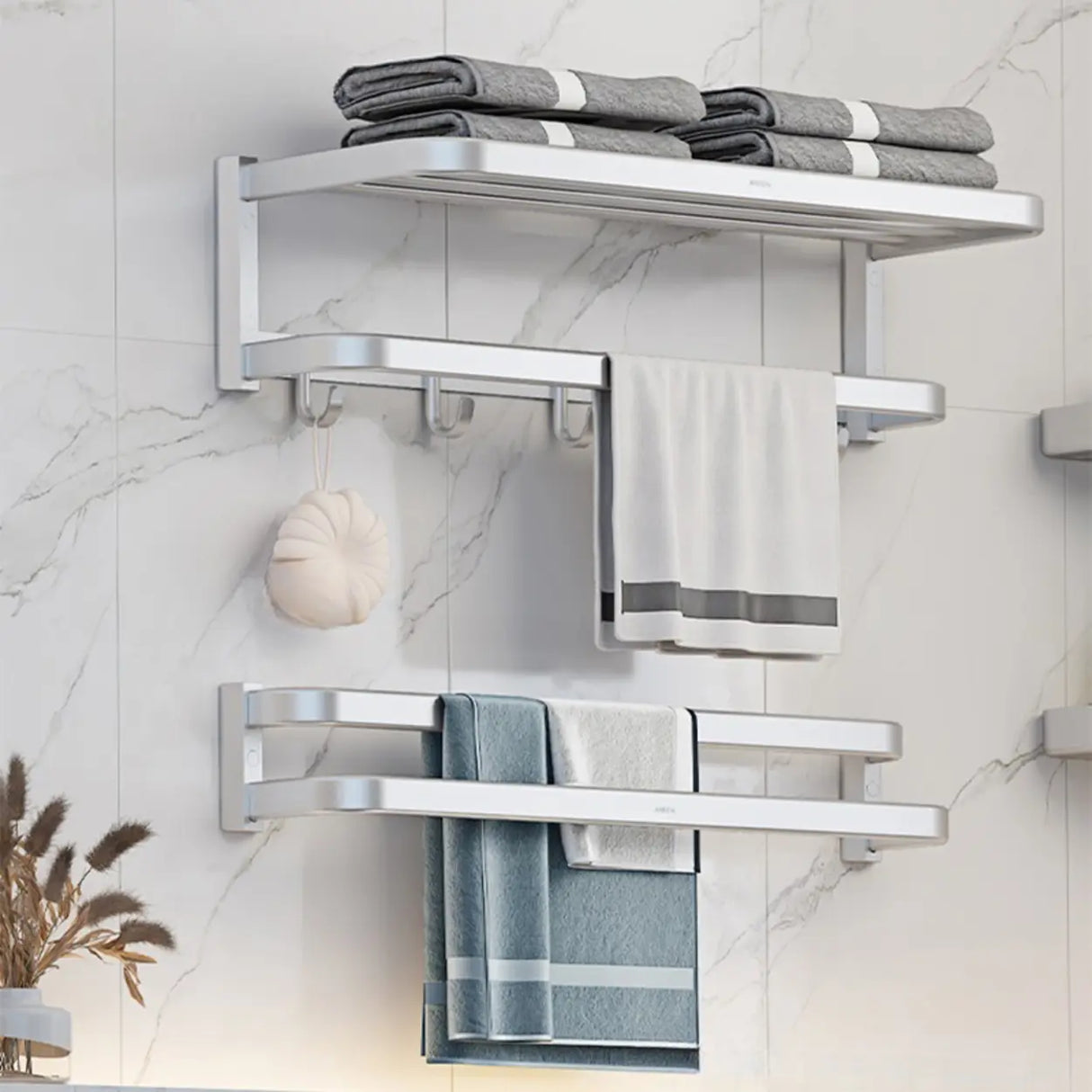 Functional Sleek Metal Gray Storage Bathroom Hardware Set Image - 32