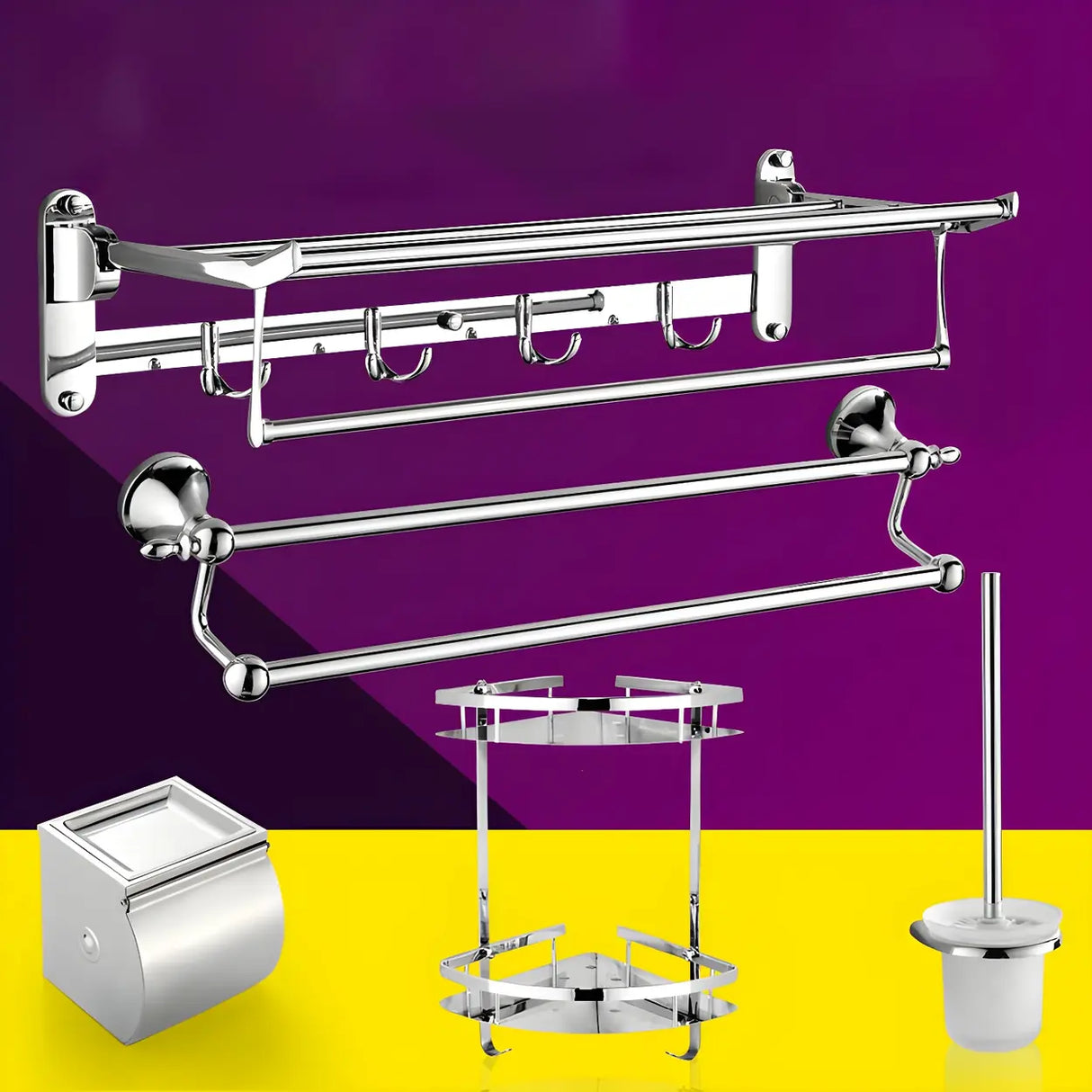 Functional Wall-Mounted Chrome Bathroom Hardware Rack Image - 17