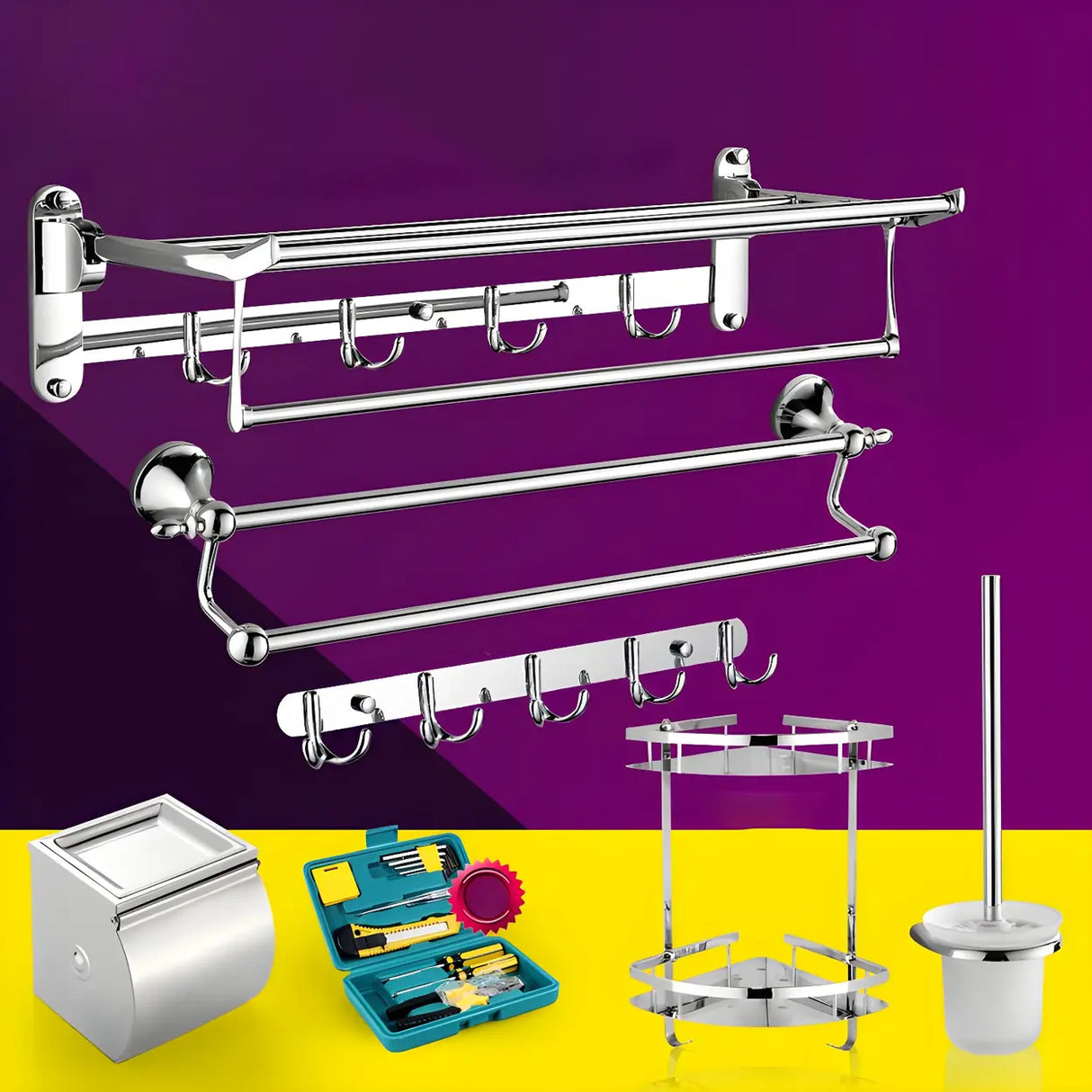 Functional Wall-Mounted Chrome Bathroom Hardware Rack Image - 19