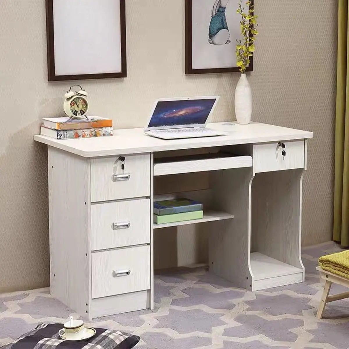 Functional Wood Keyboard Tray Drawers Computer Desk Image - 1