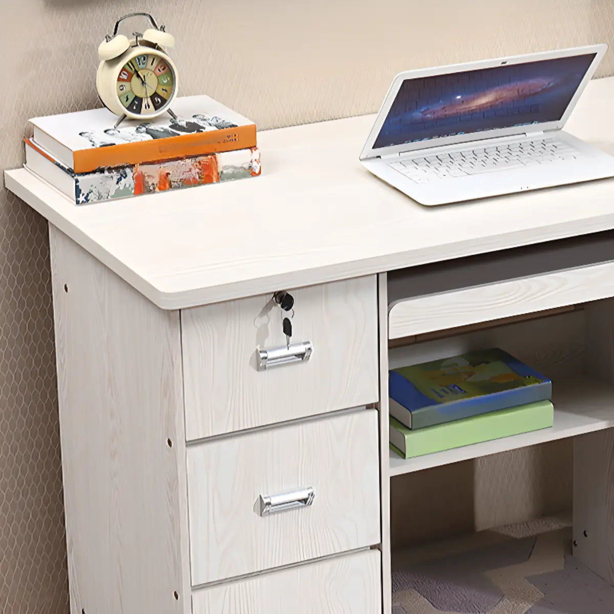 Functional Wood Keyboard Tray Drawers Computer Desk Image - 12