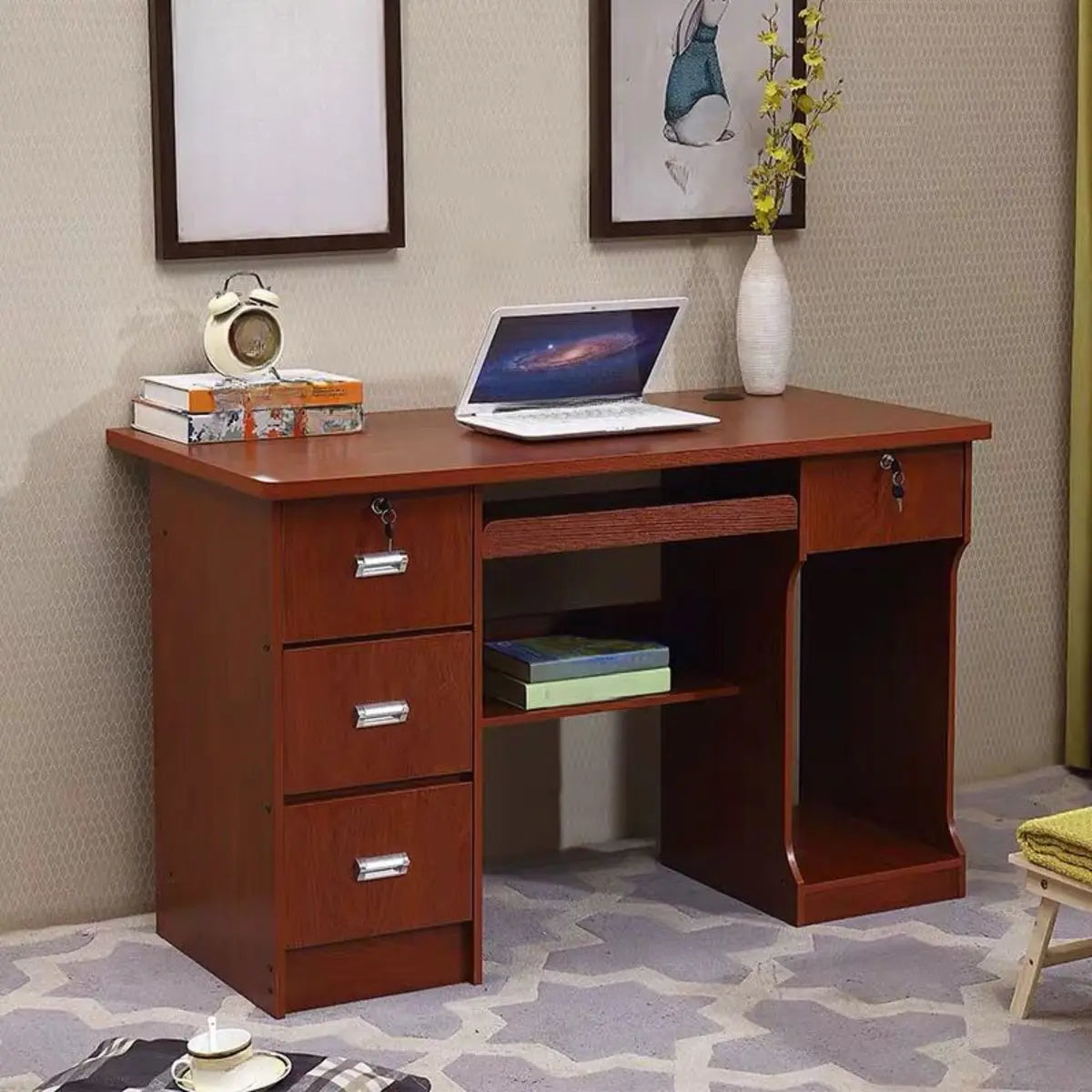 Functional Wood Keyboard Tray Drawers Computer Desk Image - 15