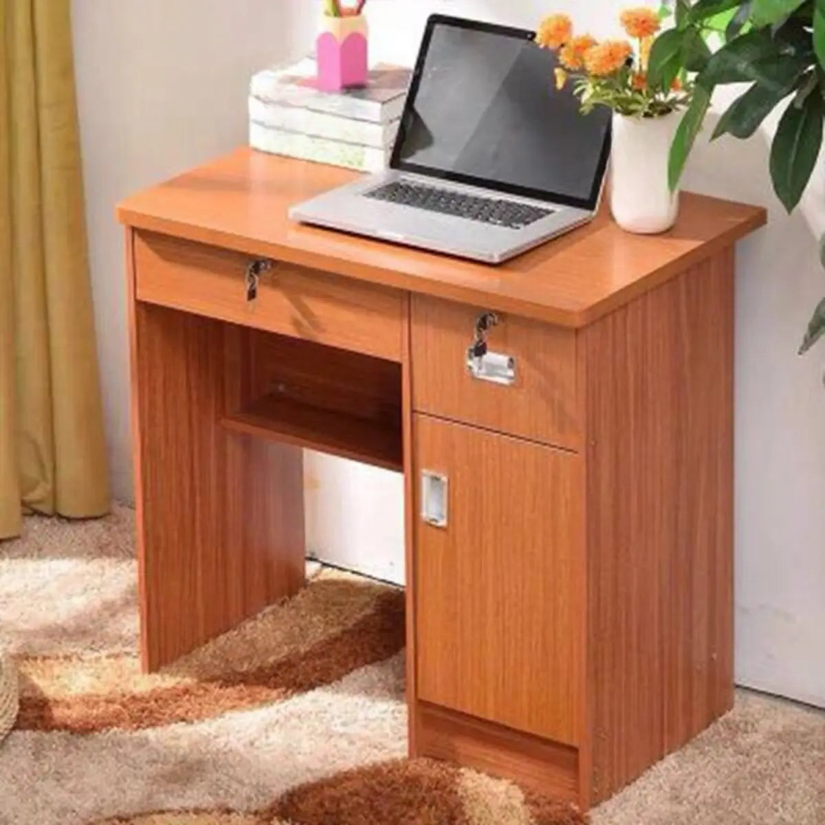 Functional Wood Keyboard Tray Drawers Computer Desk Image - 17