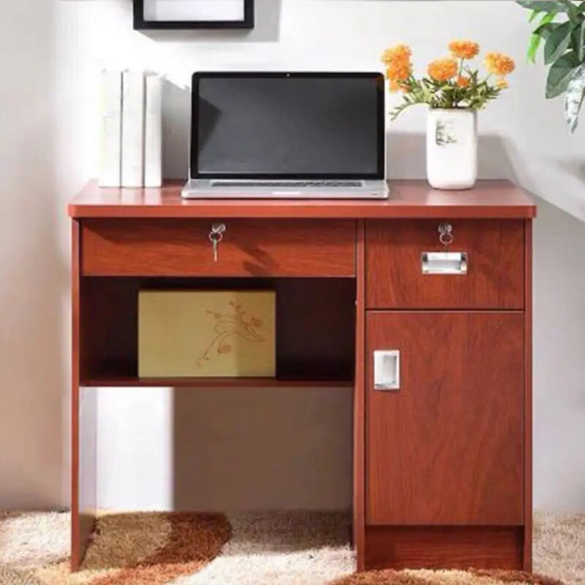 Functional Wood Keyboard Tray Drawers Computer Desk Image - 4