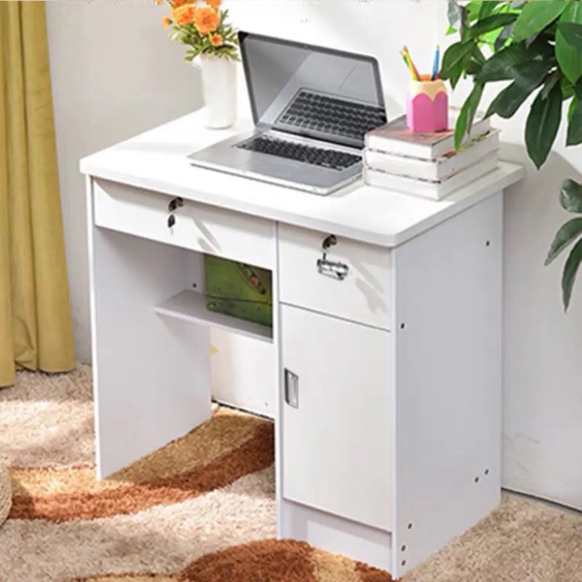 Functional Wood Keyboard Tray Drawers Computer Desk Image - 5