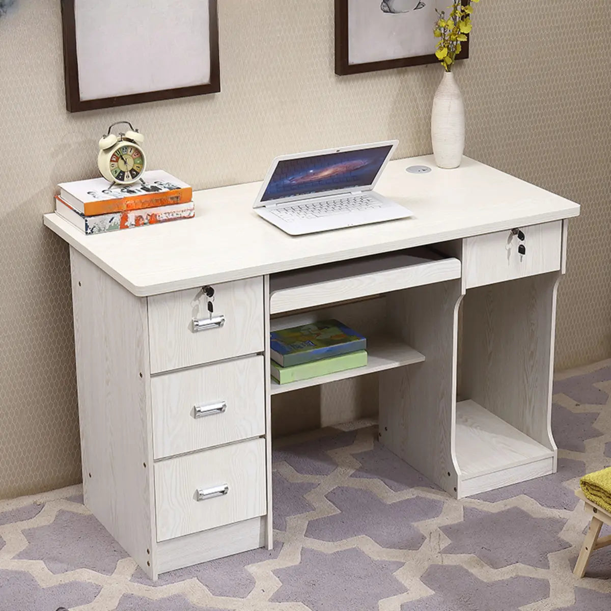 Functional Wood Keyboard Tray Drawers Computer Desk Image - 6