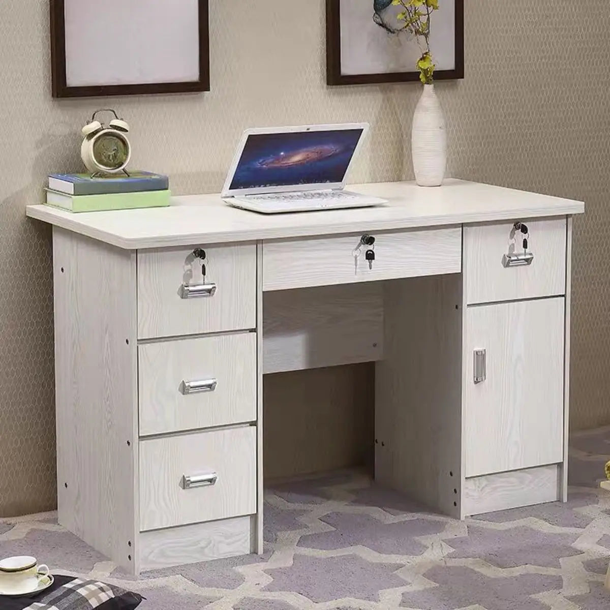 Functional Wood Keyboard Tray Drawers Computer Desk Image - 7