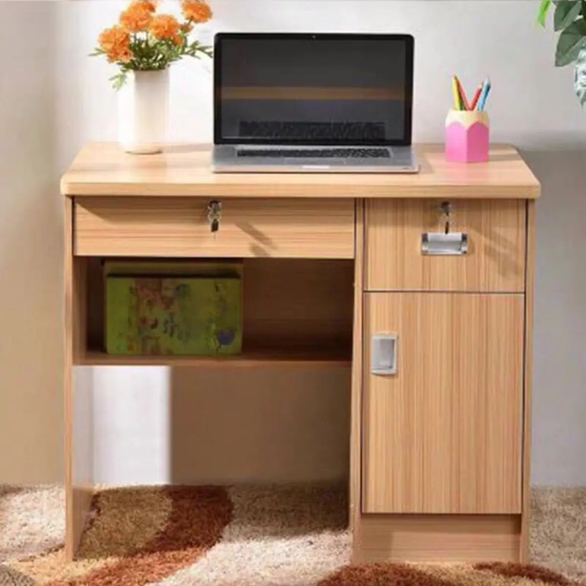 Functional Wood Keyboard Tray Drawers Computer Desk Image - 8