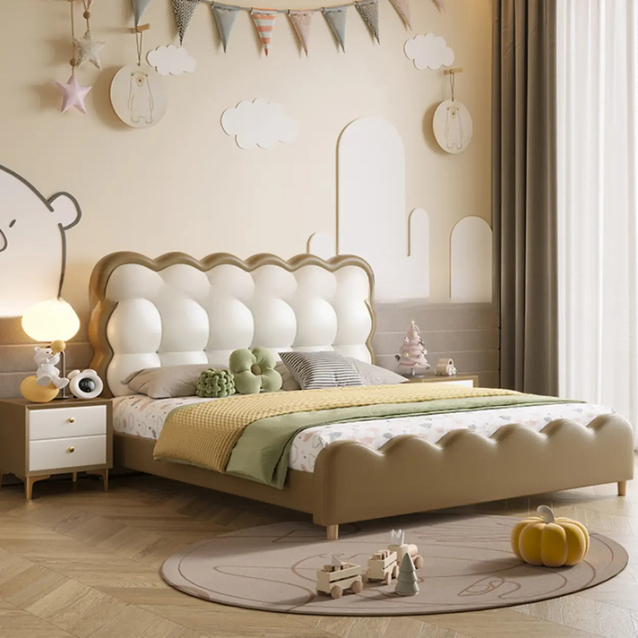 Gender Neutral Wave Upholstered Kids Bed with Footboard Image - 1