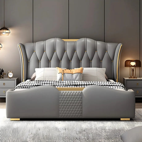 Genuine Leather Grey Queen Wingback Bed with Storage Image - 1